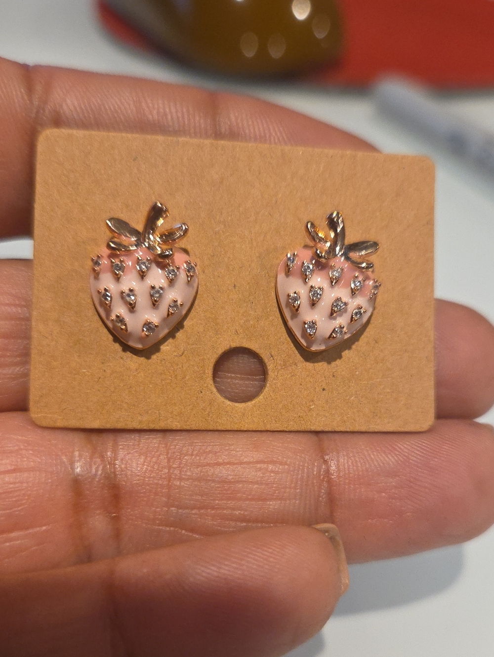 Pink Strawberry Stud Earrings - Rose Gold Accent